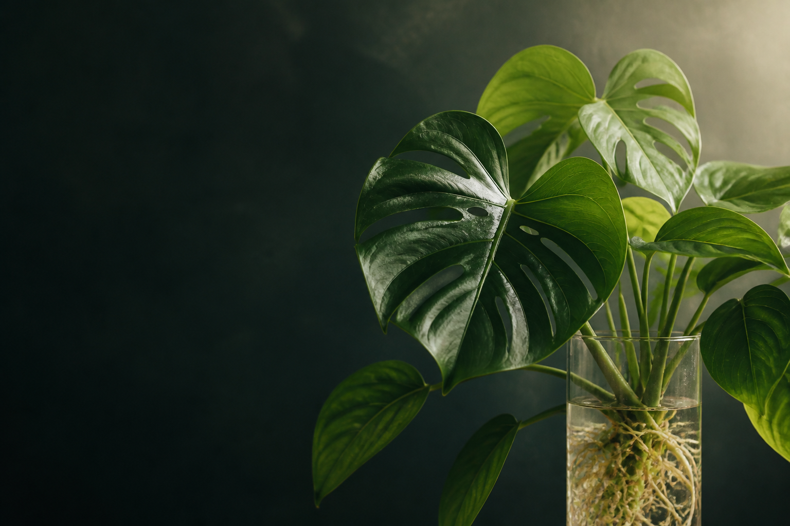 A calm arrangement of tropical foliage and propagation vessels